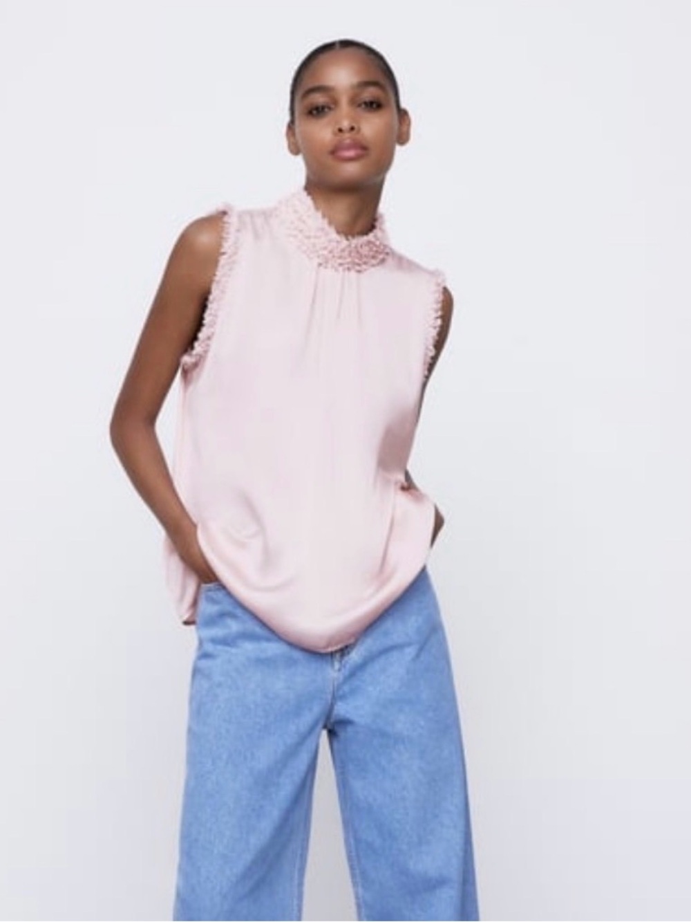 Zara Sleeveless Pink Ruffled Mock-Neck Top